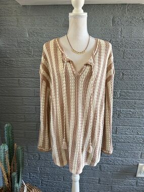 Beige and Cream Striped Crochet Tunic Sweater/Swimsuit Cover